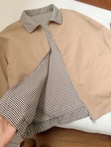 Comfortcana 女款拼色拉鍊休閒學院風百搭日常長袖夾克，適合秋季上學穿著 - 卡其色 - 查看 9