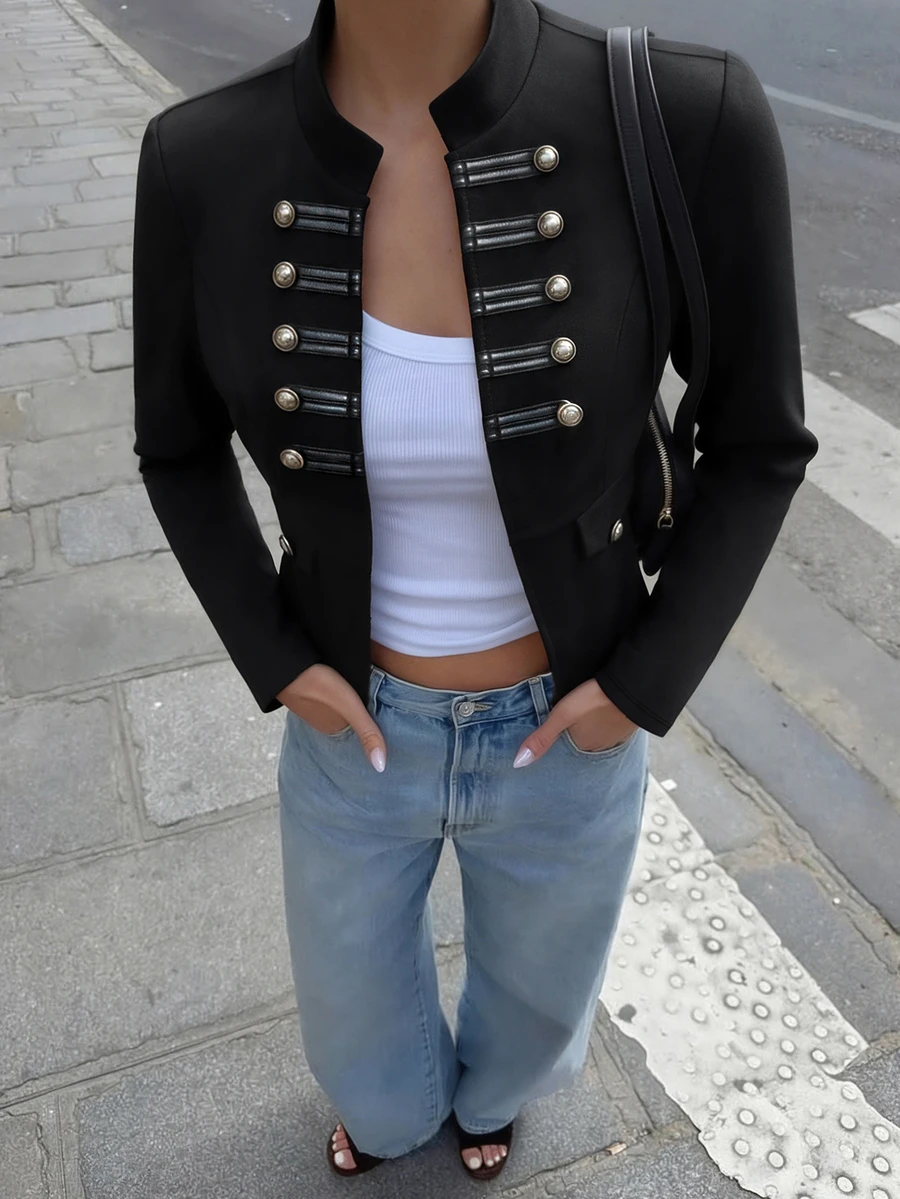 Avenya Women's Vintage Napoleon Metal Button Stand Collar Short Jacket, Padded Shoulder Knitted Frog Button Slimming Blazer, Autumn/Winter - Black - View 1