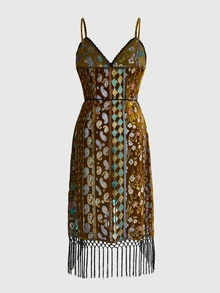 ROMWE Vintage Hippie Pattern Velvet Fabric Overlap Tassel Plus Size Dress - Multicolor - View 2