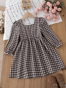 SHEIN Gaun Putri Motif Kotak-kotak Cokelat Tenun untuk Anak Perempuan dengan Gaya Minimalis, Desain Leher Persegi Depan-Belakang - Coklat - View 4