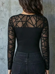 Velvienne Plus Size Geometric Flocked Mesh Long Sleeve Square Neck Top Black Patchwork Slim Fit T-Shirt - Black - View 2