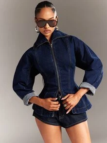 Denimoi Women's Zipper Casual Versatile Daily Denim Jacket - Dark Wash - View 2