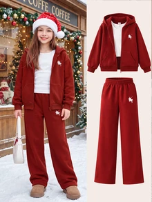 SHEIN 青少年女孩休閒套裝，紅色長袖連帽衛衣外套搭配白色背心與紅色長褲，舒適簡約風格，適合室內外活動、購物與日常穿著 - 酒紅色 - 查看 6