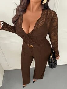 Femmeverse Plus Size Women's Fashion Sexy V-Neck Lace Patchwork Solid Color Jumpsuit Fall - Coffee Brown - View 6