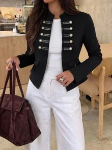 Avenya Women's Vintage Napoleon Metal Button Stand Collar Short Jacket, Padded Shoulder Knitted Frog Button Slimming Blazer, Autumn/Winter - Black - View 5