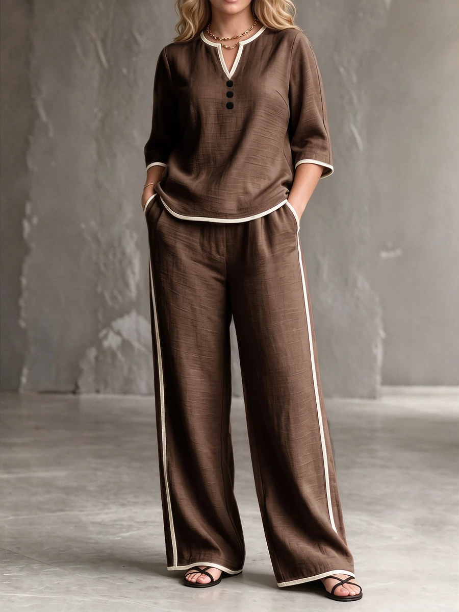 Linhara Women's Plus Size Casual 2 Pieces Set, Casual Round Neck Shirt + Elastic Waist Long Pants, Outdoor 2 Pieces Set, Fall - Chocolate Brown - View 1