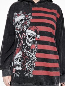 ROMWE Sweatshirt Ukuran Plus Motif Kepingan Salju Bergaris Patchwork Gaya Gothic Natal Gelap, Streetwear Longgar, Desain Panjang, Motif Kepingan Salju - Dark Grey - View 7