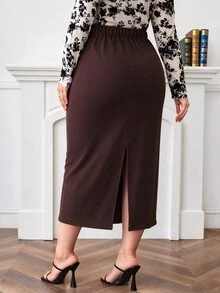 Lacomfia Brown Plus Size Bodycon Asymmetrical Design Minimalist Commuter Fashion Luxury Elegant Skirt - Brown - View 2