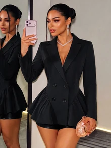 Mistrie Women's Solid Color Pleated Fashion Versatile Commute & Travel Blazer Jacket - Black - View 4