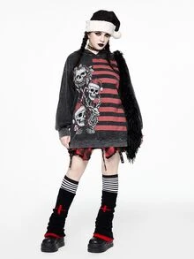 ROMWE Sweatshirt Ukuran Plus Motif Kepingan Salju Bergaris Patchwork Gaya Gothic Natal Gelap, Streetwear Longgar, Desain Panjang, Motif Kepingan Salju - Dark Grey - View 6