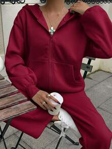 SHEIN EZwear 薄荷綠針織連帽衛衣運動褲兩件套 女款 旅行 秋季 休閒 運動休閒 日常 外出 - 酒紅色 - 查看 2