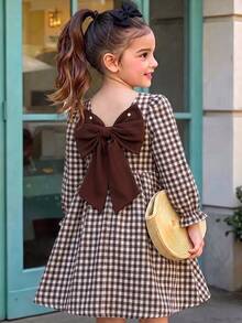 SHEIN Gaun Putri Motif Kotak-kotak Cokelat Tenun untuk Anak Perempuan dengan Gaya Minimalis, Desain Leher Persegi Depan-Belakang - Coklat - View 1