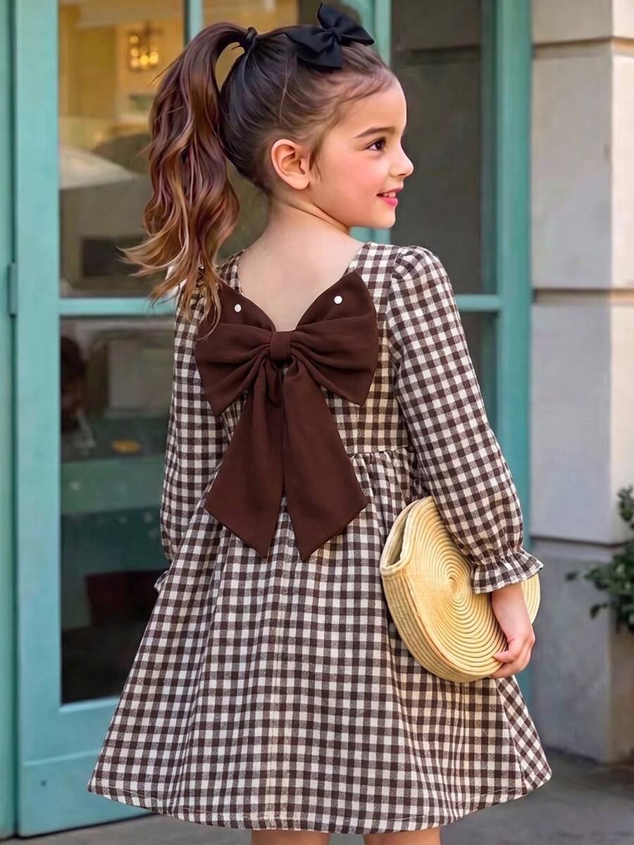 SHEIN Gaun Putri Motif Kotak-kotak Cokelat Tenun untuk Anak Perempuan dengan Gaya Minimalis, Desain Leher Persegi Depan-Belakang - Coklat - View 1