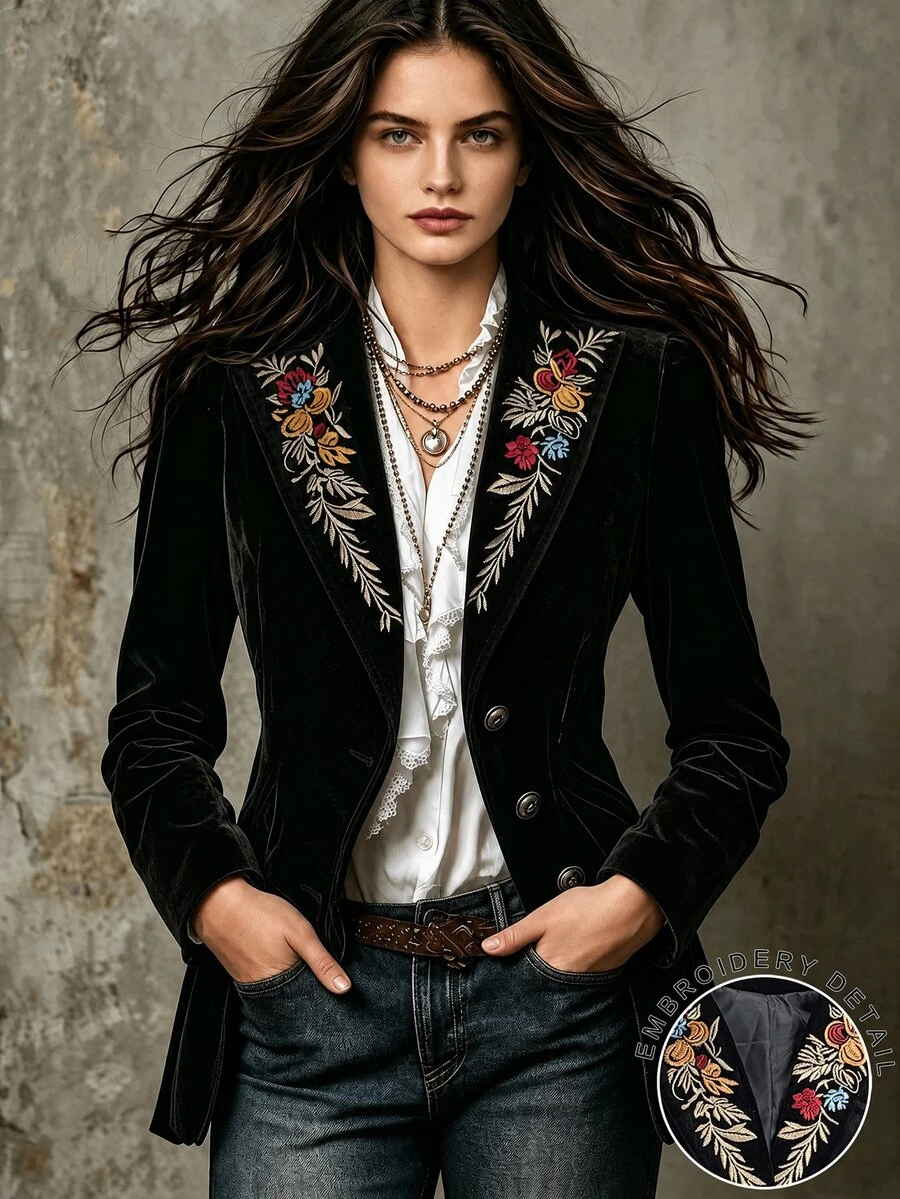 Trelyra Women's Floral Embroidered Pattern Casual Daily Long Sleeve ...