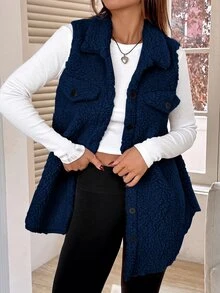 SHEIN EZwear 女款大腿長棕色法蘭絨泰迪大衣，領口設計，寬鬆版型，適合秋冬 - 藏蓝色 - 查看 3