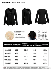 EMERY ROSE Plus Size Women's T-Shirt, Elegant Sexy Casual Minimalist Commuter Versatile Fashion V-Neck Zipper Design Spring/Autumn Long Sleeve - Black - View 7