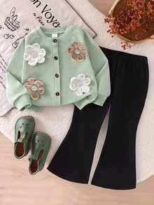 SHEIN Playful Pals 女童羅紋長袖開襟外套大花飾裝純色喇叭褲2件套 秋冬休閒日常穿搭 - 綠色 - 查看 7