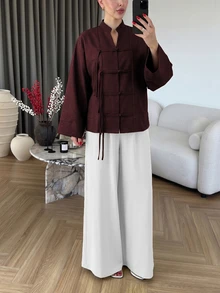 Modelyn Plus Size Loose Fit Two-Tone Plain Fabric Shirt With Front Button Design, Casual Style, Suitable For Spring And Autumn Daily Wear - Burgundy - View 8