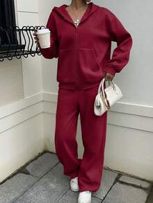 SHEIN EZwear 薄荷綠針織連帽衛衣運動褲兩件套 女款 旅行 秋季 休閒 運動休閒 日常 外出 - 酒紅色 - 查看 5