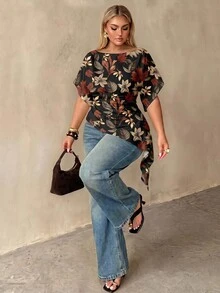 Auralis Plus Size Women's Short Sleeve Floral Leaf Pattern Ruched Asymmetrical Hem Fashion T-Shirt - Suitable For Casual, Daily And Office Wear - Multicolor - View 4