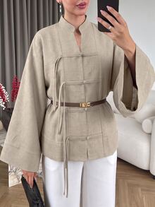 Modelyn Plus Size Loose Fit Two-Tone Plain Fabric Shirt With Front Button Design, Casual Style, Suitable For Spring And Autumn Daily Wear - Apricot - View 7