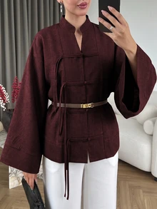 Modelyn Plus Size Loose Fit Two-Tone Plain Fabric Shirt With Front Button Design, Casual Style, Suitable For Spring And Autumn Daily Wear - Burgundy - View 7