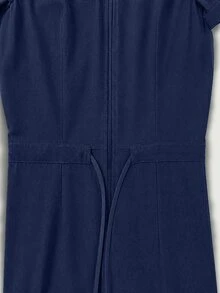 TaskEZ Navy Blue Multi-Pocket Zipper Tie Waist Short Sleeve Straight Leg Slimming Convenient Scrub Uniform Jumpsuit - Navy Blue - View 4