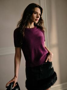 MOTF PREMIUM WOMEN'S RHINESTONE DECORATED SHORT SLEEVE KNIT TOP - Red Violet - View 6