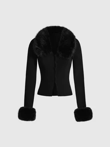 Sweetness Pink Sweet Fur Collar Patchwork Ribbed Knit Waist-Cinching Women's Cardigan - Black - View 1