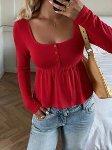 SHEIN EZwear 女款軍綠色前扣長袖休閒襯衫，適合秋冬 - 紅色 - 查看 5