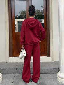 SHEIN EZwear 薄荷綠針織連帽衛衣運動褲兩件套 女款 旅行 秋季 休閒 運動休閒 日常 外出 - 酒紅色 - 查看 3