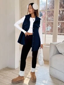SHEIN EZwear 女款大腿長棕色法蘭絨泰迪大衣，領口設計，寬鬆版型，適合秋冬 - 藏蓝色 - 查看 4
