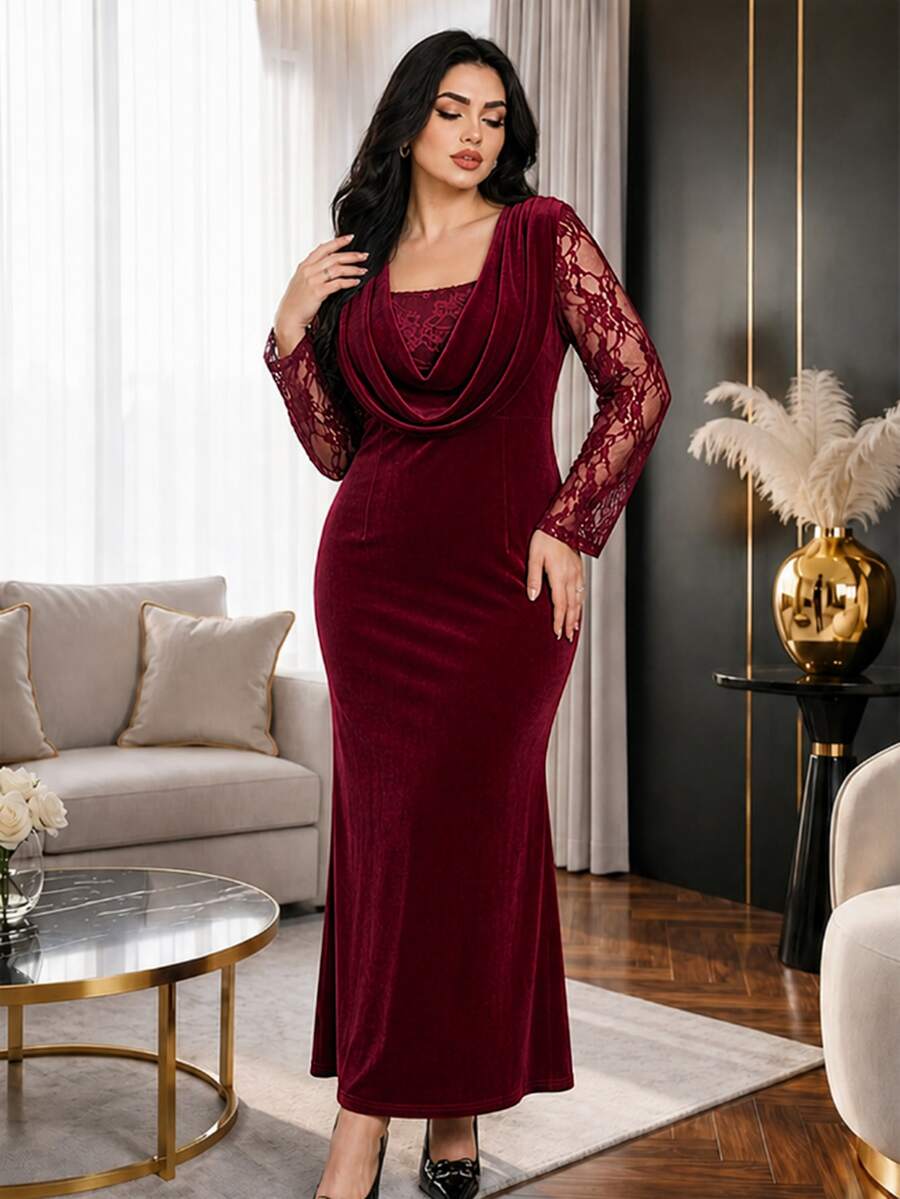Modelyn Gaun Pesta Elegan Wanita Ukuran Besar dengan Hiasan Renda dan Potongan Pinggang yang Rapi - Burgundy - View 1