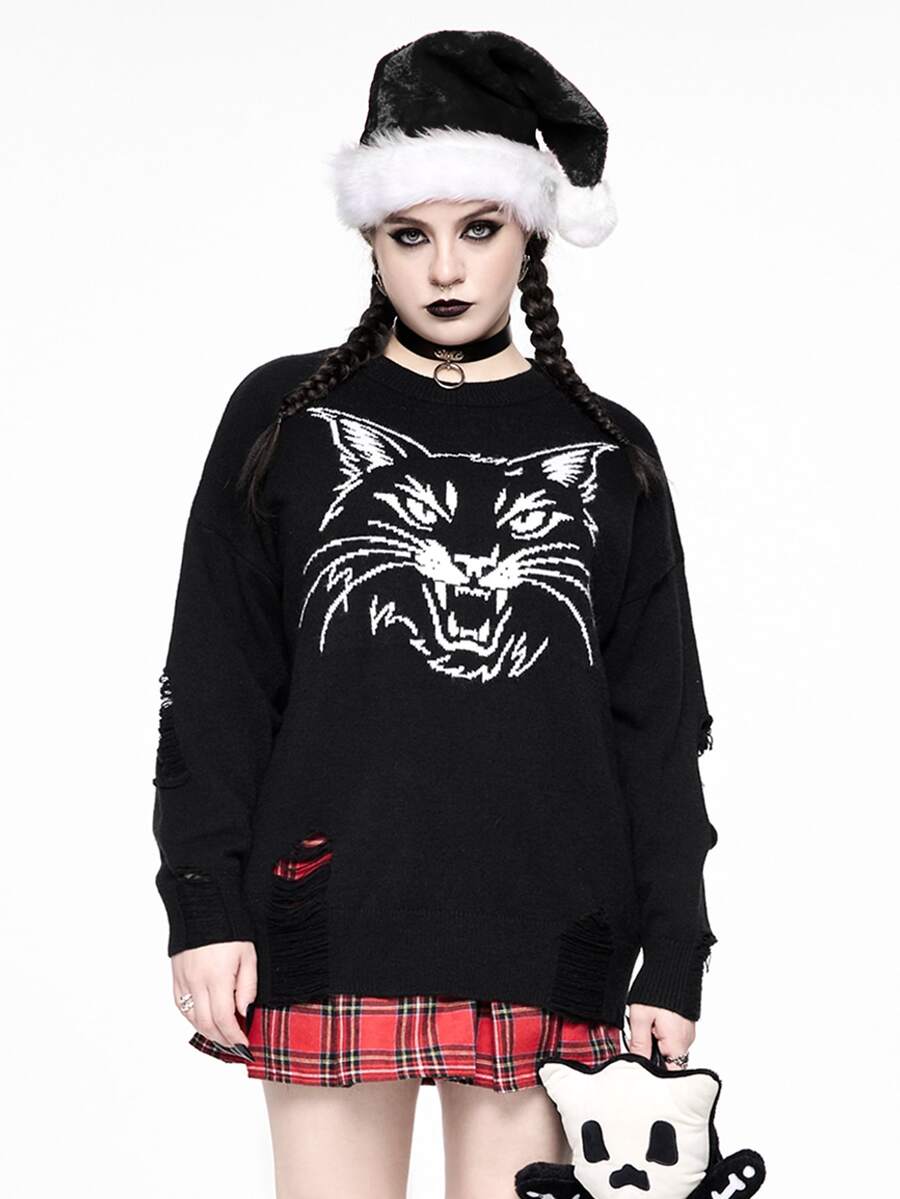 ROMWE Dark Gothic Vintage Cat Versatile Casual Loose Distressed Design Plus Size Pullover Sweater For Women Fall Winter - Black - View 1