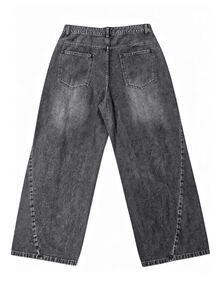 Manfinity Denimwave Y2K 深色水洗流蘇毛邊寬腿牛仔褲 秋季寬鬆解構街頭風丹寧長褲 - 黑色 - 查看 5