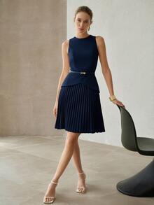 MOTF PREMIUM FASHIONABLE ELEGANT PLEATED SHORT DRESS FOR WOMEN - Navy Blue - View 4
