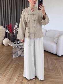 Modelyn Plus Size Loose Fit Two-Tone Plain Fabric Shirt With Front Button Design, Casual Style, Suitable For Spring And Autumn Daily Wear - Apricot - View 6