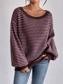 SHEIN LUNE 條紋圖案落肩毛衣，長袖上衣，秋冬露肩毛衣，休閒風 - 淡紫色 - 查看 3