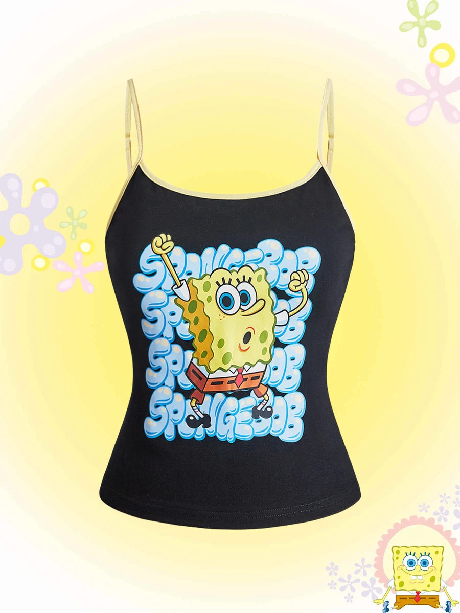 SpongeBob SquarePants | ROMWE ملابس علوية كاميسول بدون أكمام بطباعة كرتونية لطيفة ومضحكة مقاس كبير - الأسود - مشاهدة 1