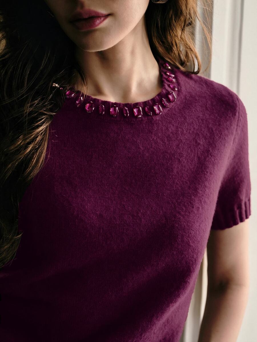 MOTF PREMIUM WOMEN'S RHINESTONE DECORATED SHORT SLEEVE KNIT TOP - Red Violet - View 1