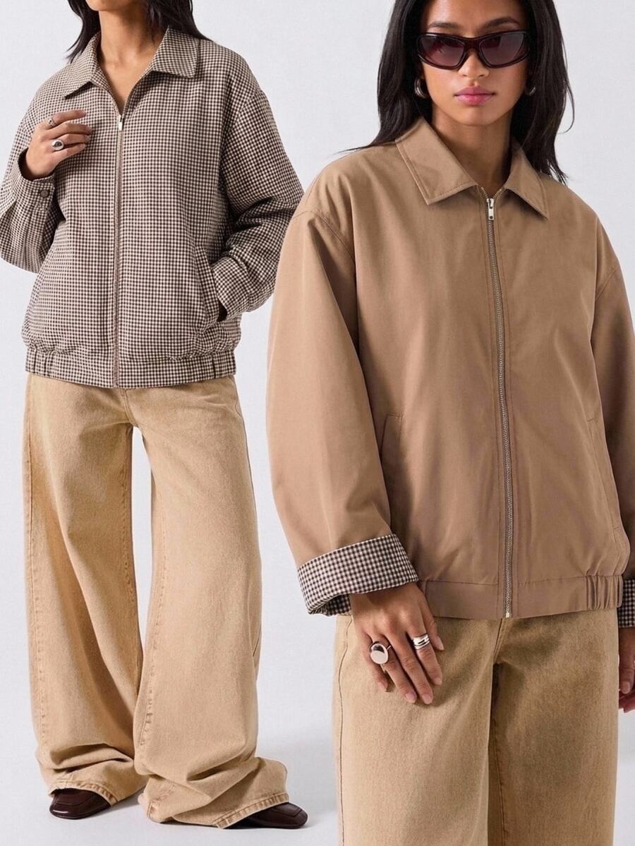 Comfortcana 女款拼色拉鍊休閒學院風百搭日常長袖夾克,適合秋季上學穿著 - 卡其色 - 查看 1