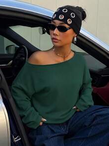 Veykashi 女款休閒淺灰色露肩寬鬆長袖衛衣，冬季反季服飾 - 綠色 - 查看 4