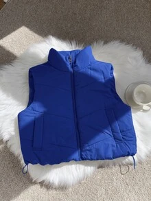 Comfortcana Winter Zip Up Double Face Snap Button Corduroy Drawstring Vest Coat - Blue - View 3