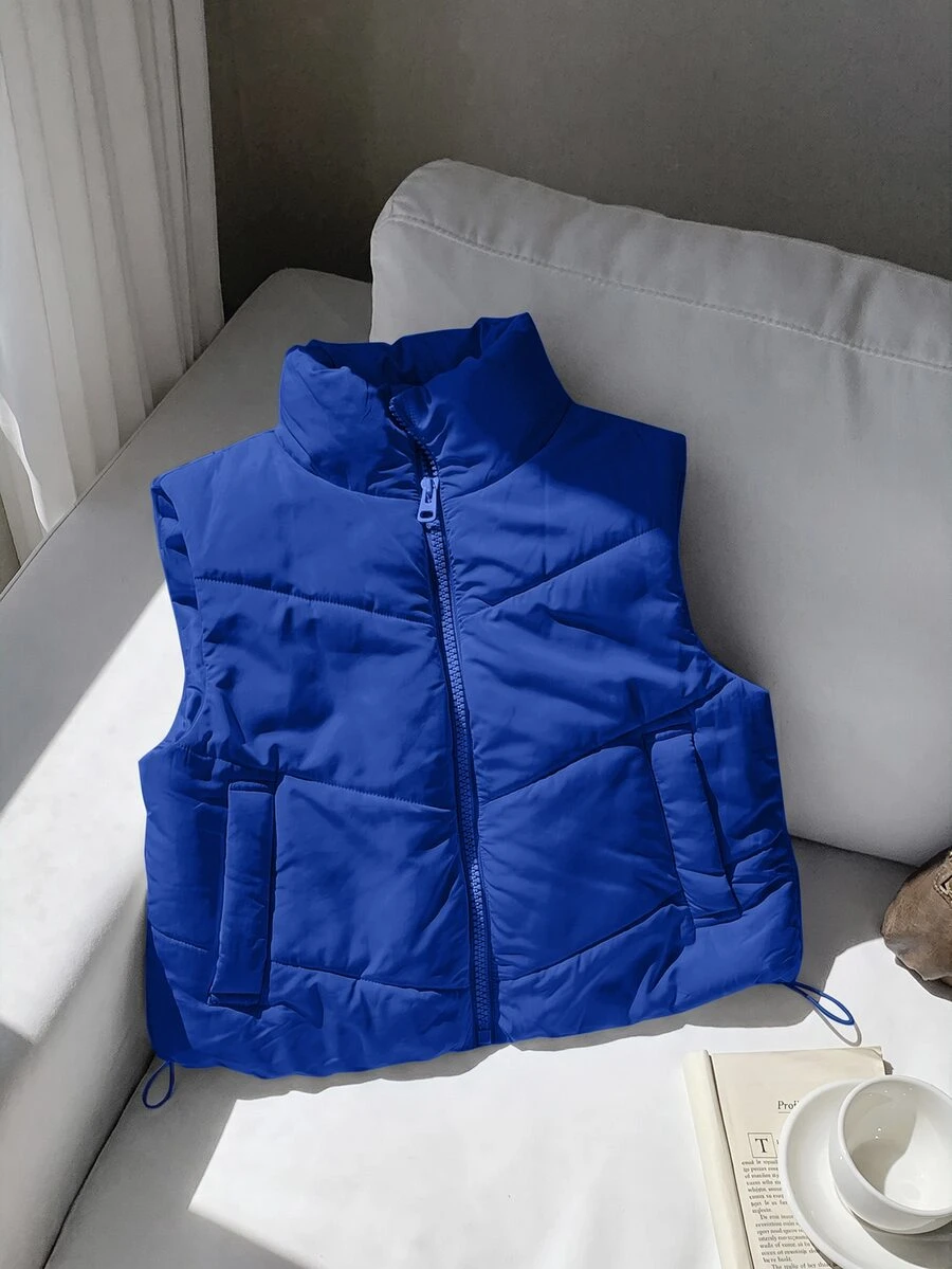 Comfortcana Winter Zip Up Double Face Snap Button Corduroy Drawstring Vest Coat - Blue - View 1