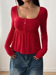 SHEIN EZwear 女款軍綠色前扣長袖休閒襯衫，適合秋冬 - 紅色 - 查看 1