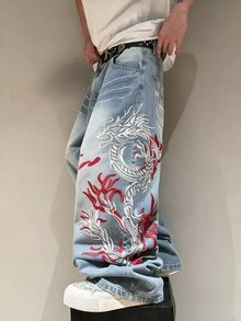STEELVANCE 街頭風復古時尚百搭貓鬍鬚刺繡設計寬鬆直筒寬腿休閒牛仔褲 - 淺色水洗藍 - 查看 3