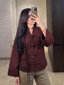 Modelyn Plus Size Loose Fit Two-Tone Plain Fabric Shirt With Front Button Design, Casual Style, Suitable For Spring And Autumn Daily Wear - Burgundy - View 1
