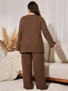 Lacomfia Autumn/Winter Brushed Patchwork Lace Trim Loose Fit Khaki Casual Women's Plus Size 2 Pieces Set - Brown - View 2