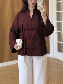 Modelyn Plus Size Loose Fit Two-Tone Plain Fabric Shirt With Front Button Design, Casual Style, Suitable For Spring And Autumn Daily Wear - Burgundy - View 4