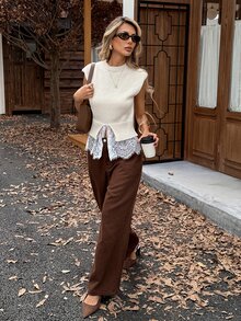 Serisse Women Fall/Winter High Neck Sweater Slim Fit Layered Lace Ruffle Hem Split Hem Knit Top Chic Autumn Going Out Layering Pullover - Apricot - View 5